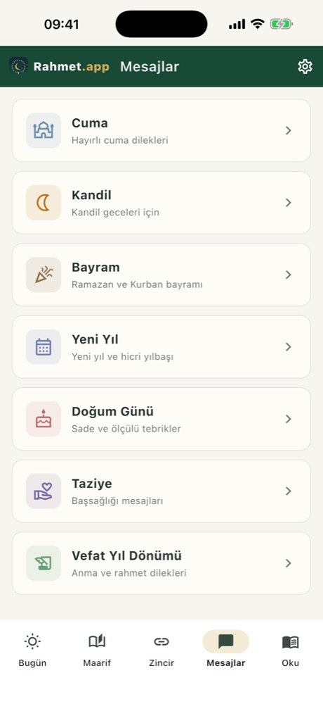 Rahmet uygulaması hazır mesajlar ekranı