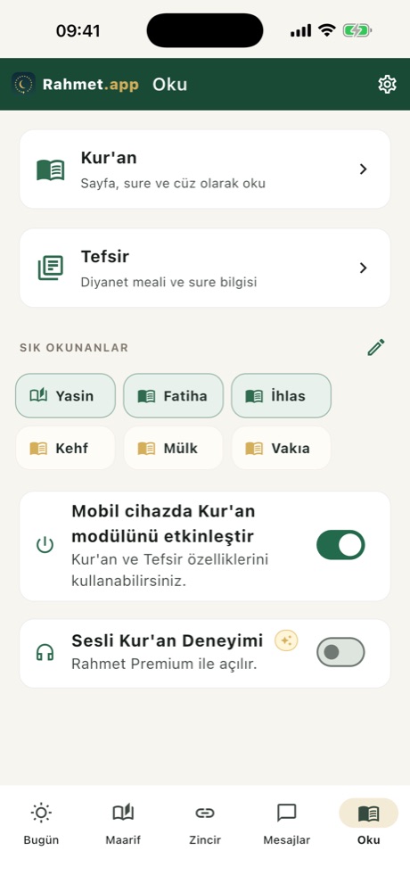 Rahmet uygulaması Kur'an okuma ekranı