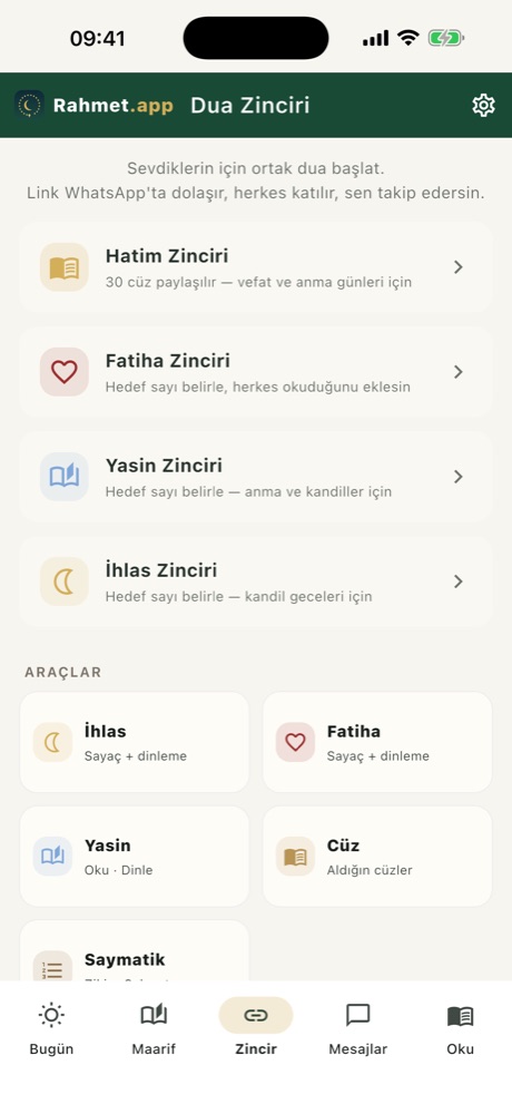 Rahmet uygulaması dua zinciri ekranı